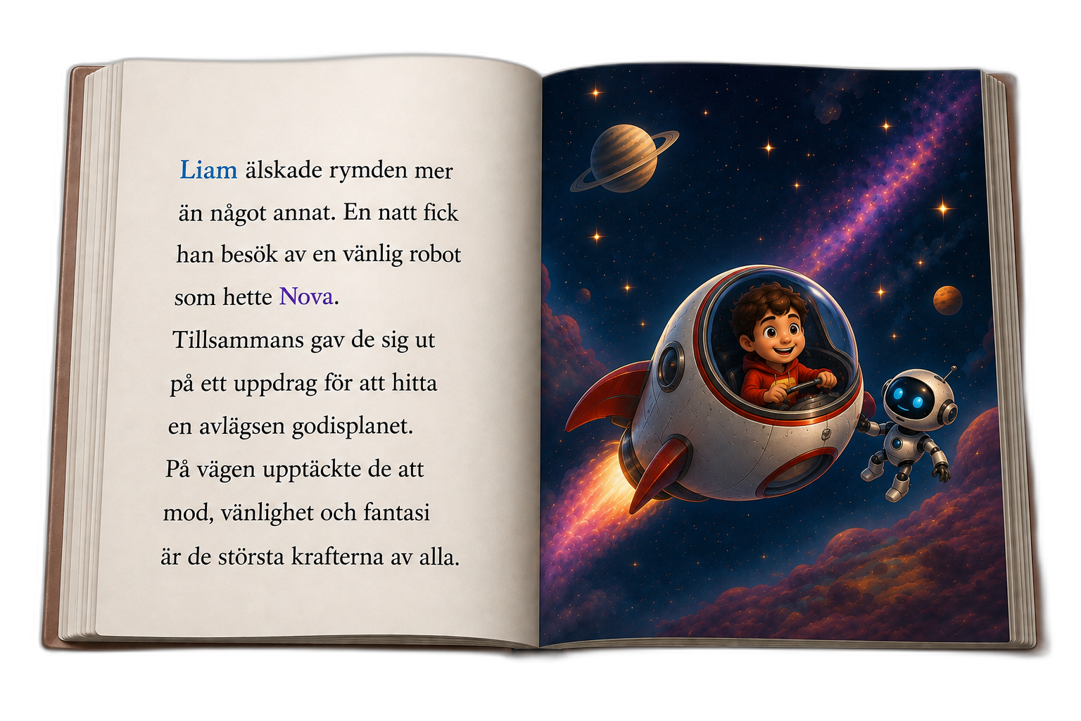 Uppslagen sagobok där Liam och roboten Nova reser genom rymden i en raket